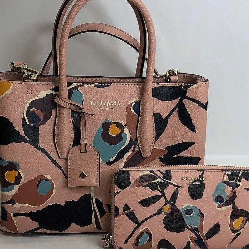 Kate  Spade Pink Paper Rose Print Pebble Leather Satchel and wallet W/COA